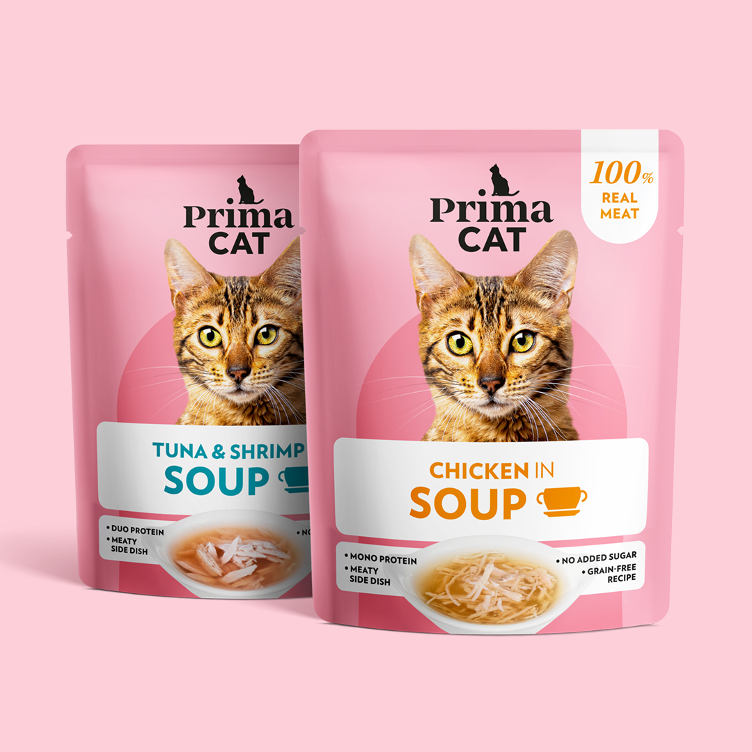Kuvassa PrimaCatin Soup täydennysravintoja