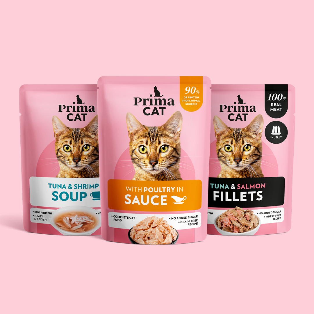 PrimaCatin märkäruoat, kuvassa Fillets, Soup ja annosateriat