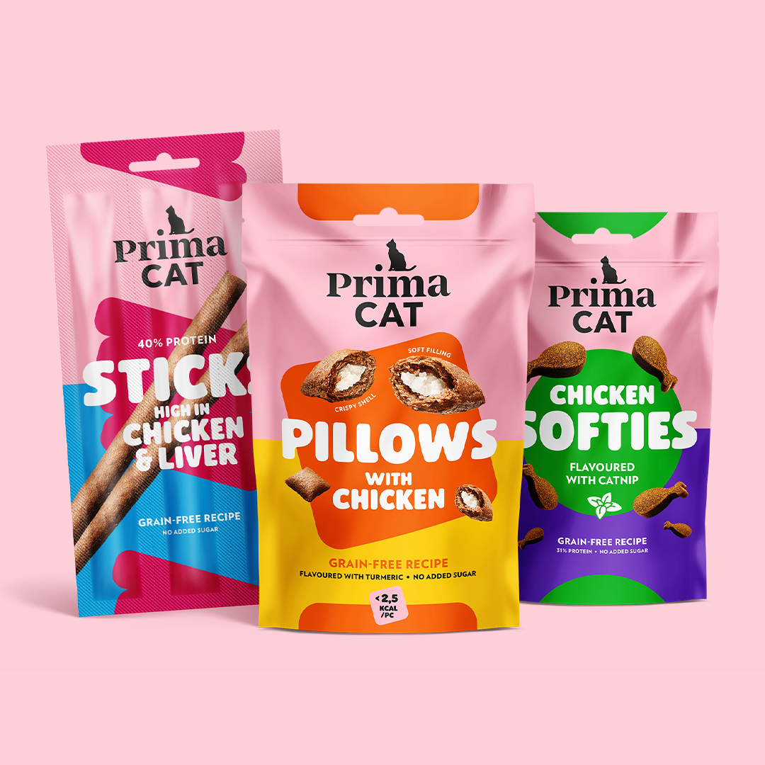 PrimaCatin herkkuvalikoima, kuvassa Sticksit, Pillowsit ja Softiesit